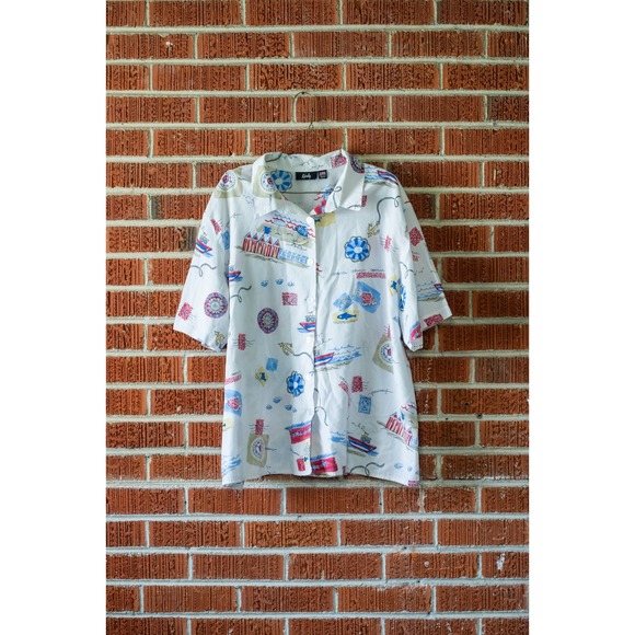 Tapestry Tops - Vtg 90s Tapestry Camp Shirt 22/24 2X Novelty Postcard Coastal Grandmacore Cream